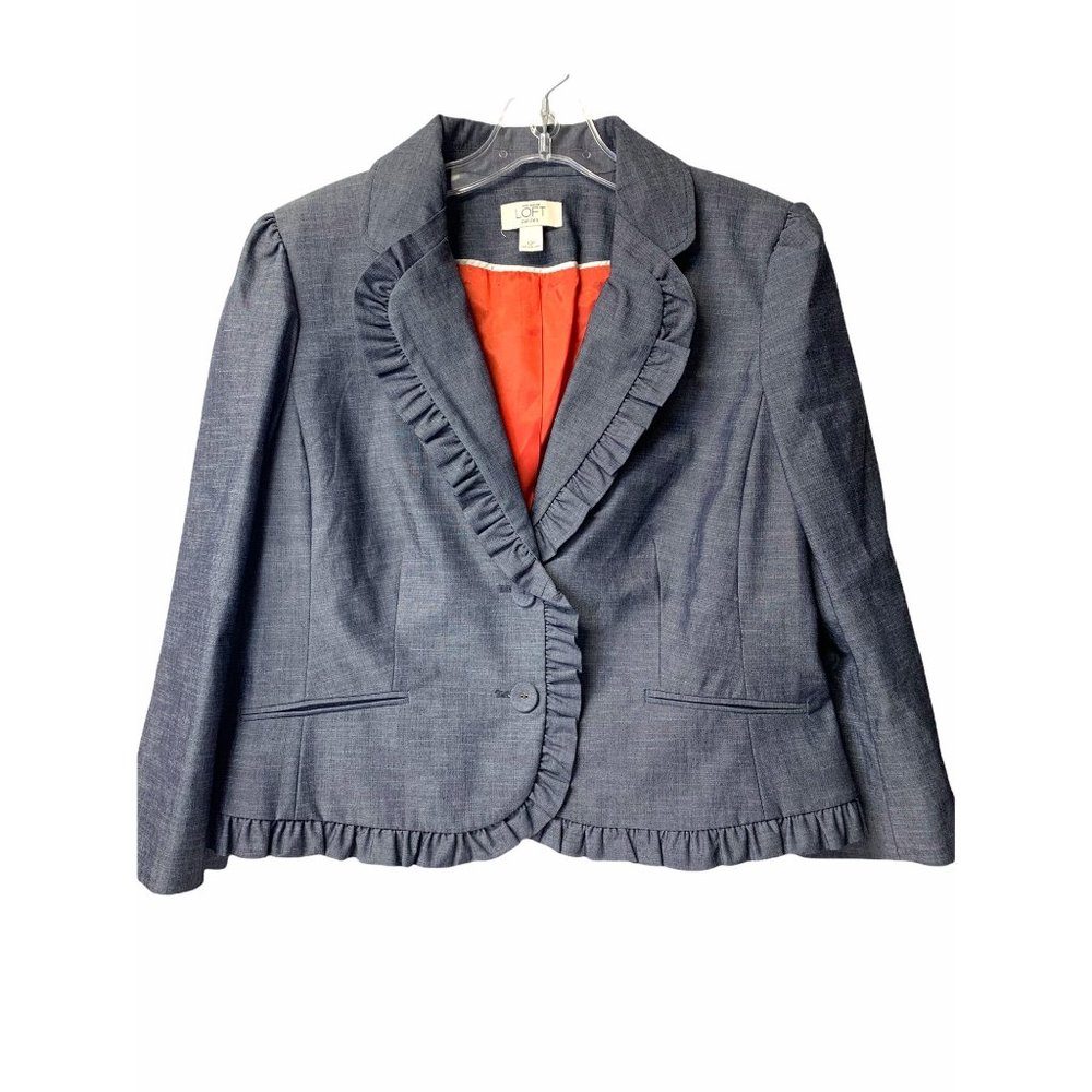 Ann Taylor LOFT Gray Blue Chambray Ruffle Blazer 12 Petite